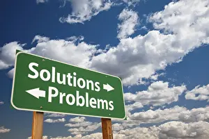 Strasse Symbol Photo Prints: Solutions, problems green road sign over dramatic clouds and sky