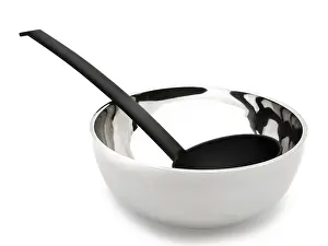 Prints of Soup Ladle in the Metallic Bowl Against the White Background Riga, Latvia Latvia Prints: Riga Soup Ladle Print in Metallic Bowl on White Background