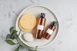 Personal Hygiene Items Prints: SPA composition. Set of copyspace cosmetic bottles