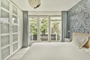 Minimalist Home Decor Ideas Prints: Spacious bedroom featuring elegant patterned wallpaper