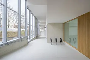 Modern Office Building Interior Prints: A spacious corridor featuring large
