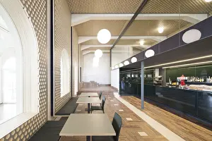 Geometric Wall Patterns Prints: Spacious modern bar interior featuring unique geometric wall patterns