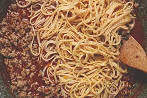 Top View Pasta Dish Prints: Spaghetti Bolognese, top view, in a frying pan