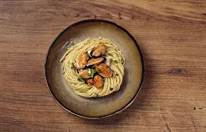Seafood Pasta Dish Prints: Spaghetti with mussels, without shell