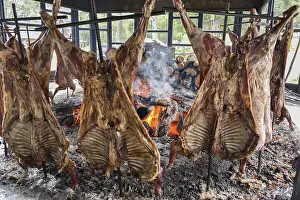Open Fire Cooking Prints: Spit-roasted mutton cooking on open fire