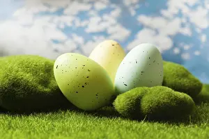 Colorful Easter Egg Picture Prints: Spotted Easter eggs on the grass. Holiday concept