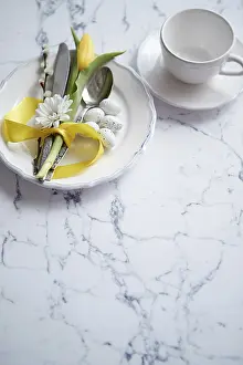 Flat Lay Food Photography Prints: Spring Easter Table setting at white marble table