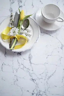 Copy Space For Text Overlay Prints: Spring Easter Table setting at white marble table