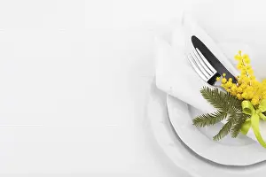 Easter Dinner Table Setting Prints: Spring table setting with mimosa easter holidays dinner