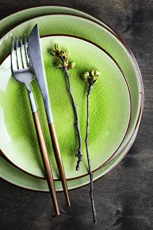 Rustic Spring Table Setting Prints: Spring table setting in rustic style decorated with cherry bloom tree branches