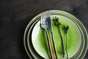 Rustic Spring Table Setting Prints: Spring table setting in rustic style decorated with cherry bloom tree branches