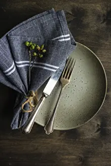 Rustic Spring Table Setting Prints: Spring table setting in rustic style decorated with cherry bloom tree branches
