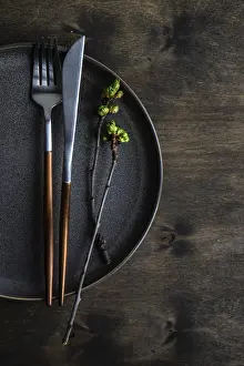 Rustic Spring Table Setting Prints: Spring table setting in rustic style decorated with cherry bloom tree branches