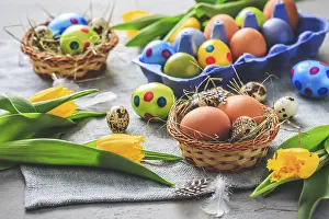 Tulip Blossom Photography Prints: Spring time - Easter eggs and tulips on grey background