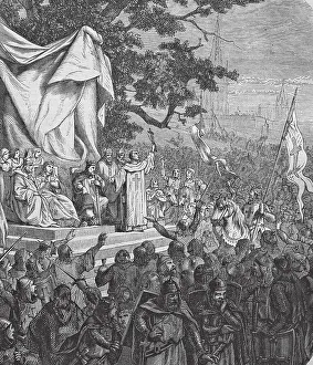 St. Bernhardt Preaches the Crusade, Historic Print 1860