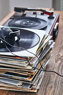 Black Vinyl Records Prints: Stack of many black vinyl records