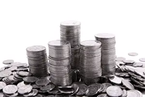 White Background Currency Prints: Stack of coins isolated on a white background