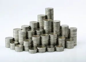 Euro Coin Stack Prints: Stack of two euro coins, white background
