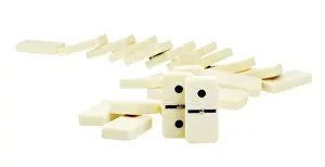 Domino Game Prints: Stack of fallen dominoes zigzag against white background
