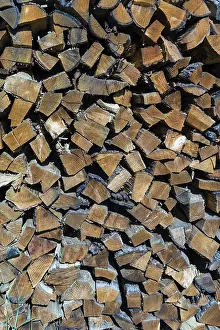 Deserted Wood Stack Prints: Stack of firewood, background Austria