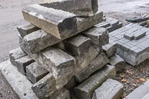Uninhabited Construction Area Prints: Stack of kerbstones on a building site