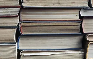 Deserted Library Interior Prints: Stack of old worn books