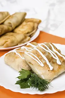 Breakfast Plate Prints: Stack of pancakes with stuffing on a white plate