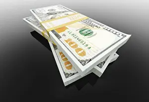 Stack Of Cash Prints: Stack of thirty thousand dollars of one hundred dollar bills on black reflective surface