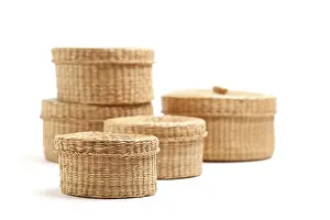 White Studio Setup Prints: Stack of various sized wicker baskets isolated on white
