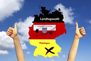 Prints of State election, state elections in Thuringia, elections, map of Germany, country flag, thumbs up, confidence, map of Germany, studio shot, Lower Saxony, Federal Republic of Germany Politic Prints: Thuringia State Election Print, Germany Map and Flag