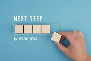 Business Strategy Planning Prints: Next step in progress, having new goal and strategy