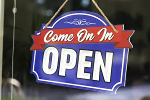 Virus Risk Information Prints: Storefront Open Sign Through Window