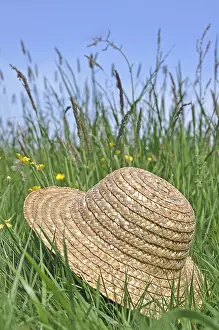 Sun Protection Headgear Prints: Straw hat lying in a meadow