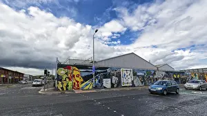 Prints of Street crossing with mural, political graffiti on wall, West Belfast, Belfast, County Antrim, Northern Ireland, United Kingdom Painting Prints: West Belfast Street Crossing Print, Northern Ireland