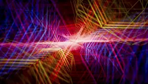 Abstract Digital Artwork Prints: A striking 3D-rendered visualization featuring interlacing geometric patterns and intense multi-colored light