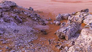 Oman Desert Landscape Prints: Striking cliffs surrounded by windswept sand structures