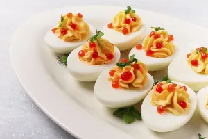 Micro Greenery Prints: Stuffed eggs, with red caviar, micro greenery