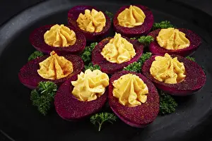 Beetroot Juice Prints: Stuffed eggs, stained with beetroot juice