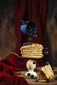 Blueberry Dessert Prints: A stunning visual capture showcasing a slice of layered cake speared on a fork