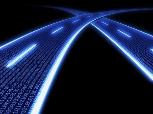 Data Transmission Prints: Stylized glowing blue highway with binary code
