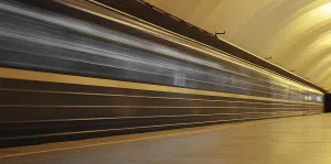 Public Transportation Infrastructure Prints: Subway platform with moving fast train