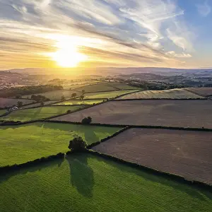 Drone Photography Devon Prints: Sunset over Devon Fields from a drone