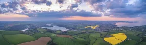 Drone View Of River Dart Prints: Sunset over Devon Fields and Farmlands from a drone