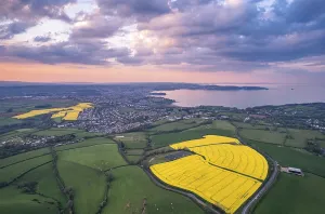 Drone Photography Devon Prints: Sunset over Devon Fields and Farmlands from a drone