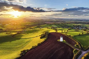 Drone Shot Of Devon Fields Prints: Sunset of Devon Windmill over Fields and Farms from a drone