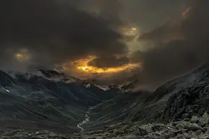 Deserted Creek Scene Prints: Sunset with dramatic clouds over Windbachtal