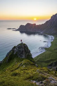 Scandinavian Coastal View Prints: Sunset, hiker on rocks, cliffs