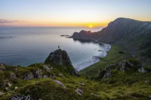 Northern Europe Mountains Prints: Sunset, hiker on rocks, cliffs
