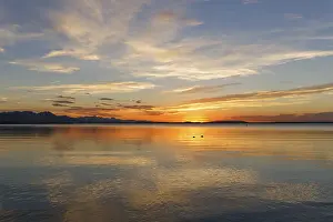 Prints of Sunset on Lake Chiemsee in Chieming, Chiemgau, Upper Bavaria, Bavaria, Germany Lake Prints: Sunset on Lake Chiemsee in Chieming Print, Germany