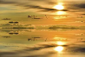 Prints of Sunset, mountains with reflection in the lake, water flooded salt lake, Salar de Uyuni, Altiplano, Bolivia Lake Prints: Salar de Uyuni Sunset Print, Bolivia
